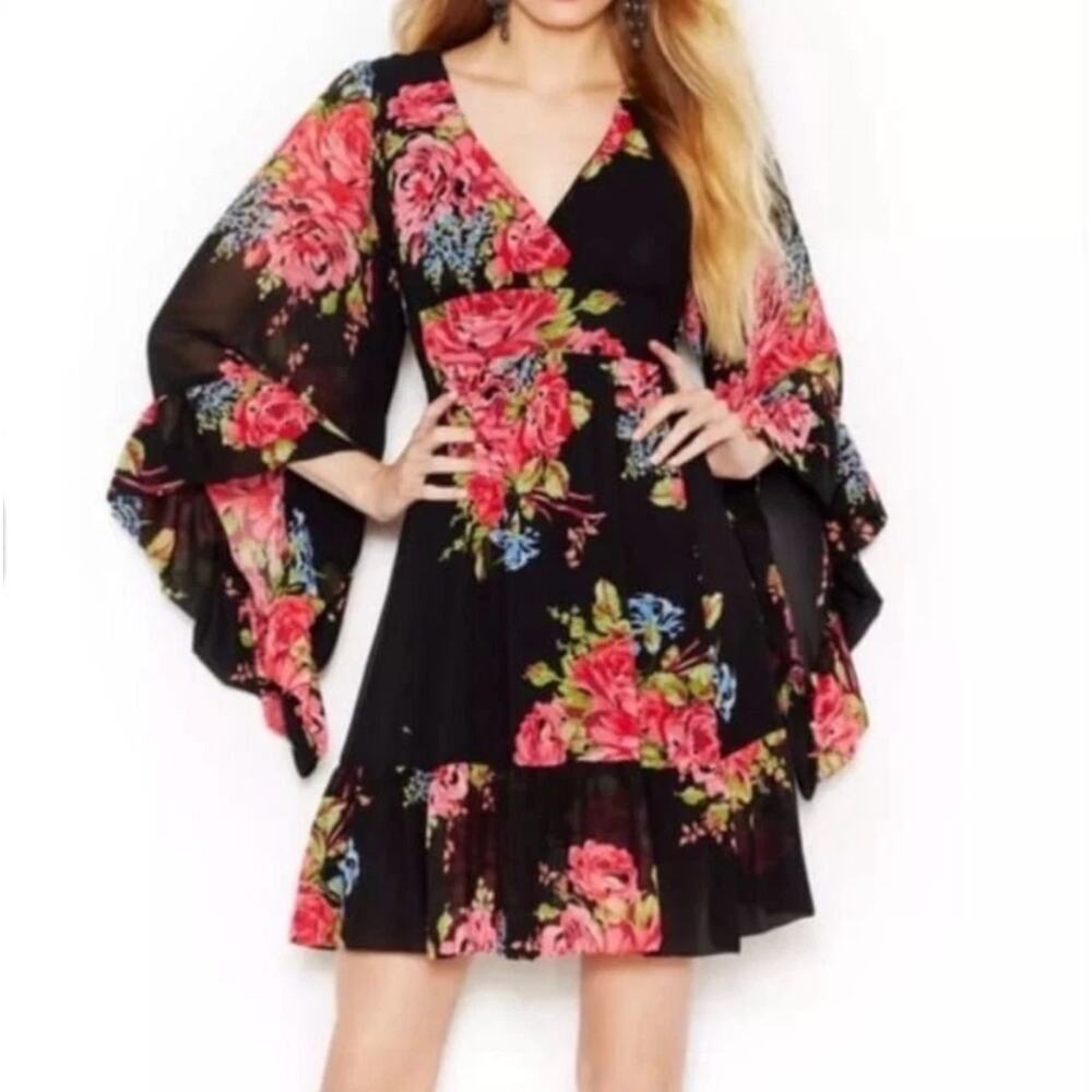 Betsey Johnson Bambi Y2K Whimsygoth Black Floral Boho Bell Sleeve Dress • Sz 2